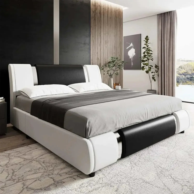 Modern faux leather upholstered platform bed frame with curved headboard in black and white finish