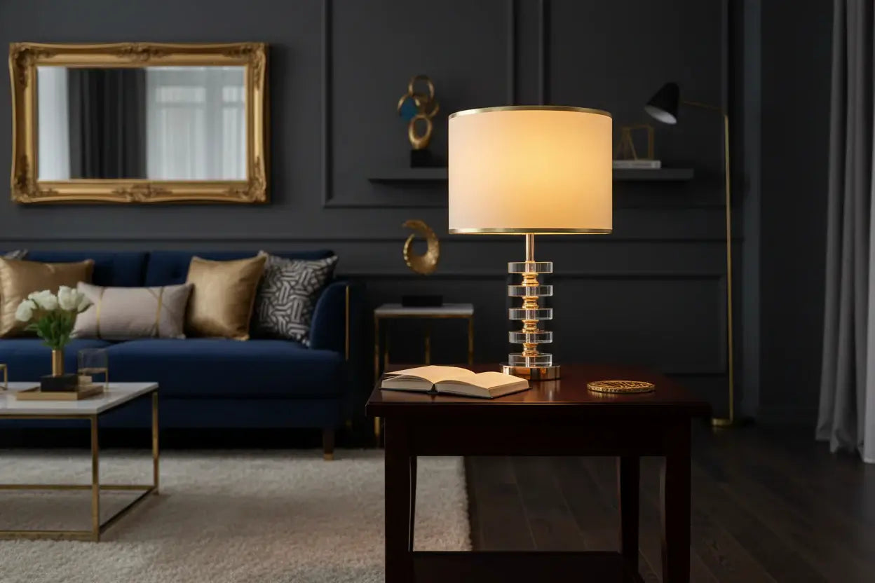 Modern crystal table lamp with fabric shade illuminating a dark modern living room setup.