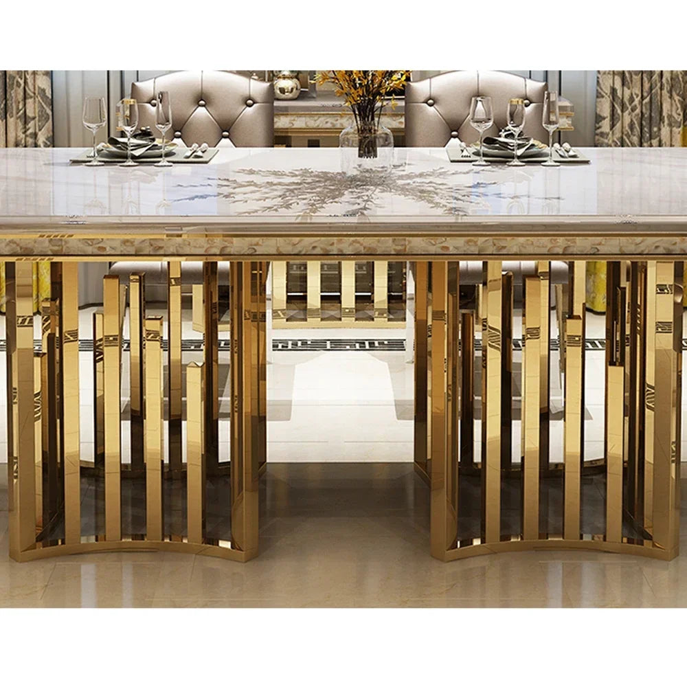 Linlamlim Luxury Marble Dining Table Set with Gold Stainless Steel Frame, Dining Room Table with Sea Shell and High-Back Chairs - view 5
