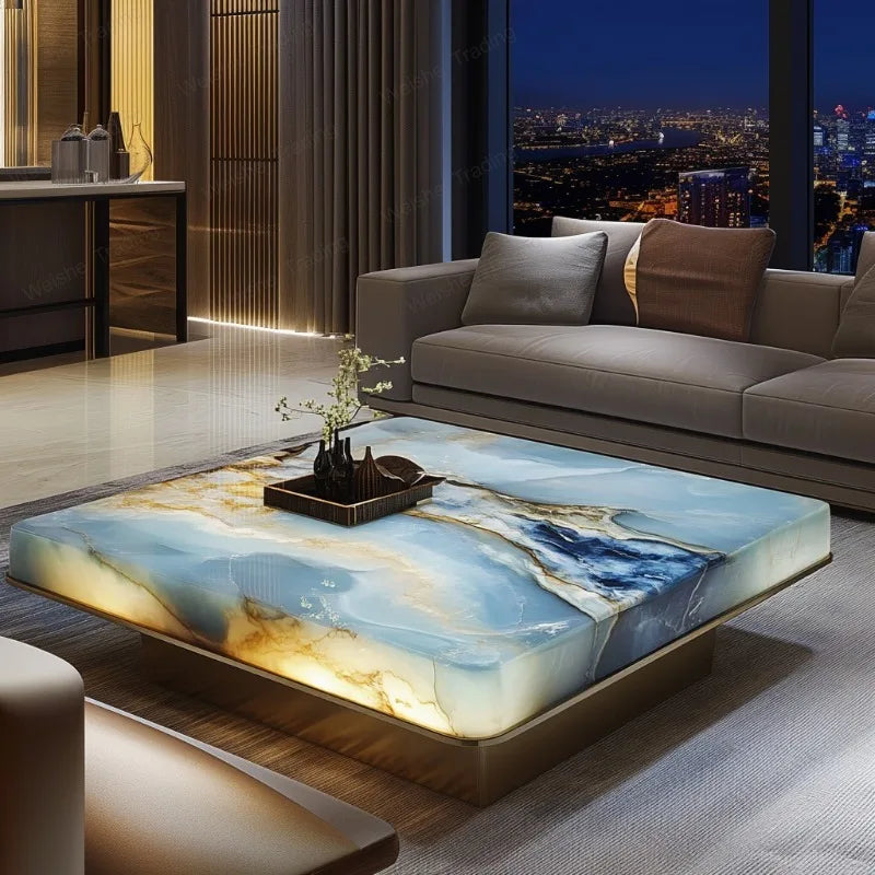 Luminous Jade & Marble Square Coffee Table | Minimalist Luxury - view 5