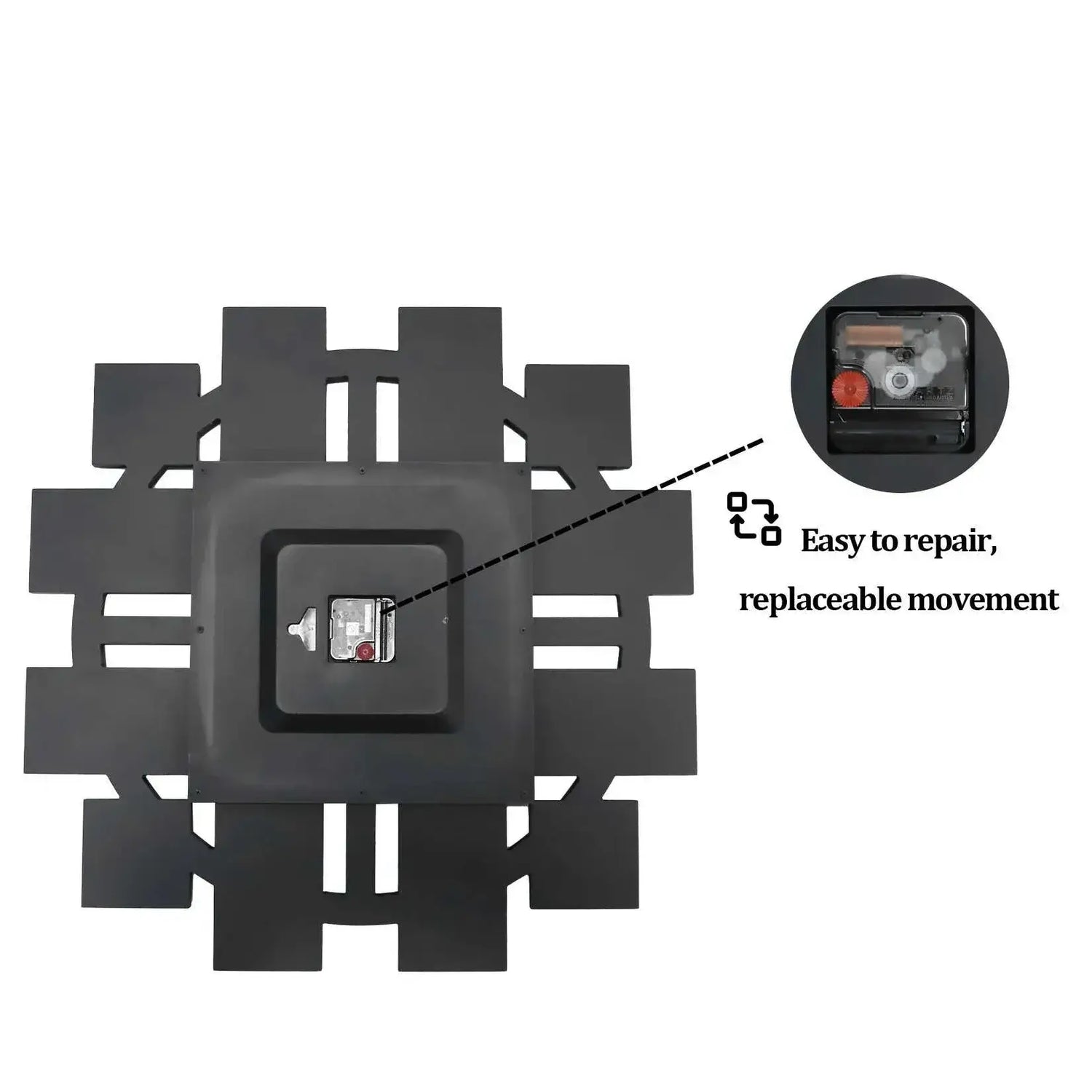 Irregular diamond mirrored wall clock back view with replaceable movement feature highlighted.