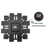 Irregular diamond mirrored wall clock back view with replaceable movement feature highlighted.