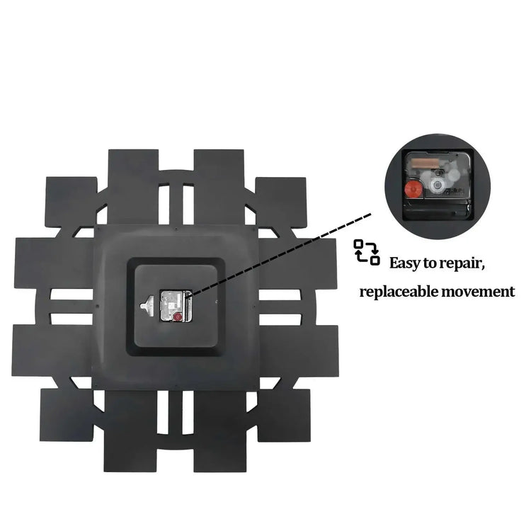 Irregular diamond mirrored wall clock back view with replaceable movement feature highlighted.