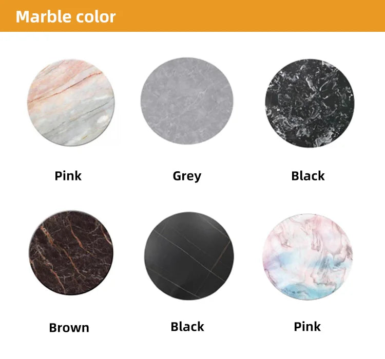 Six circular samples of different marble colors on a white background