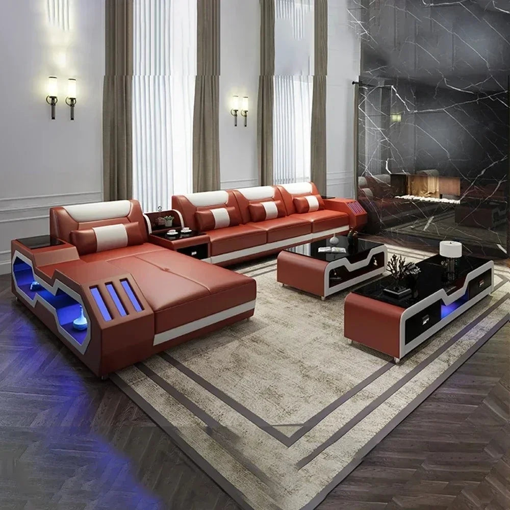 Modern living room with a red and white sectional sofa, coffee table, and decorative items.