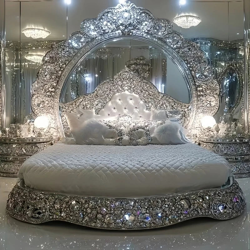 Luxurious bed with crystal embellishments in a mirrored room