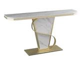 Console table with marble top and gold base on a white background