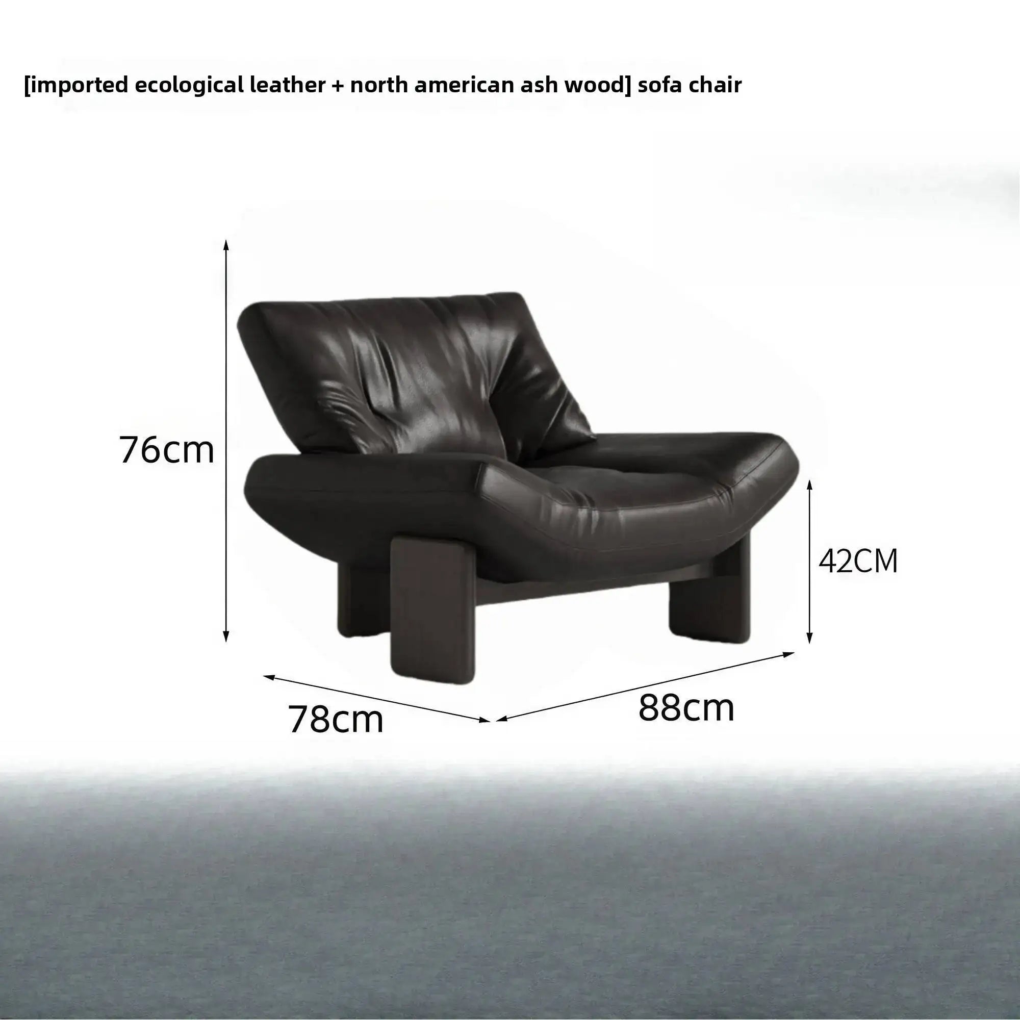 Black leather sofa chair with dimensions labeled on a white background