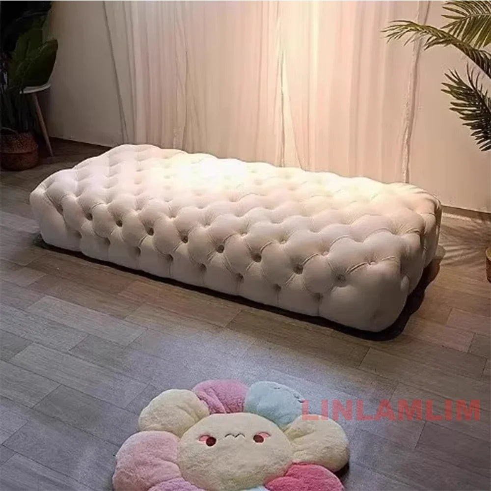 Luxury Chesterfield Sectional Sofa Set with Cloth Buttons and Fabric Modular Couch with Gold Stainless Steel Base, 3-seater Sofa