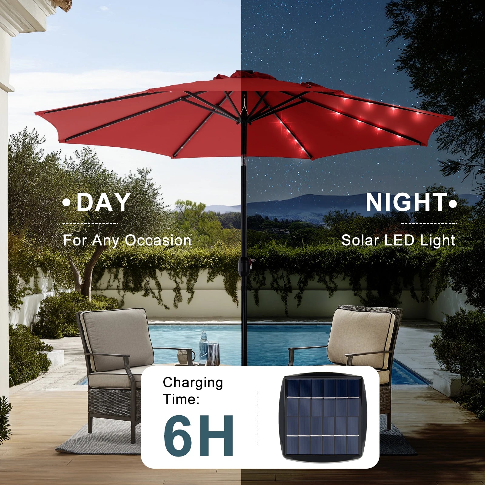 JHK 10FT Solar Patio Umbrella with 32 LED Lights UV-Resistant Outdoor Table Umbrella with Tilt and Crank for Backyard Garden - view 4