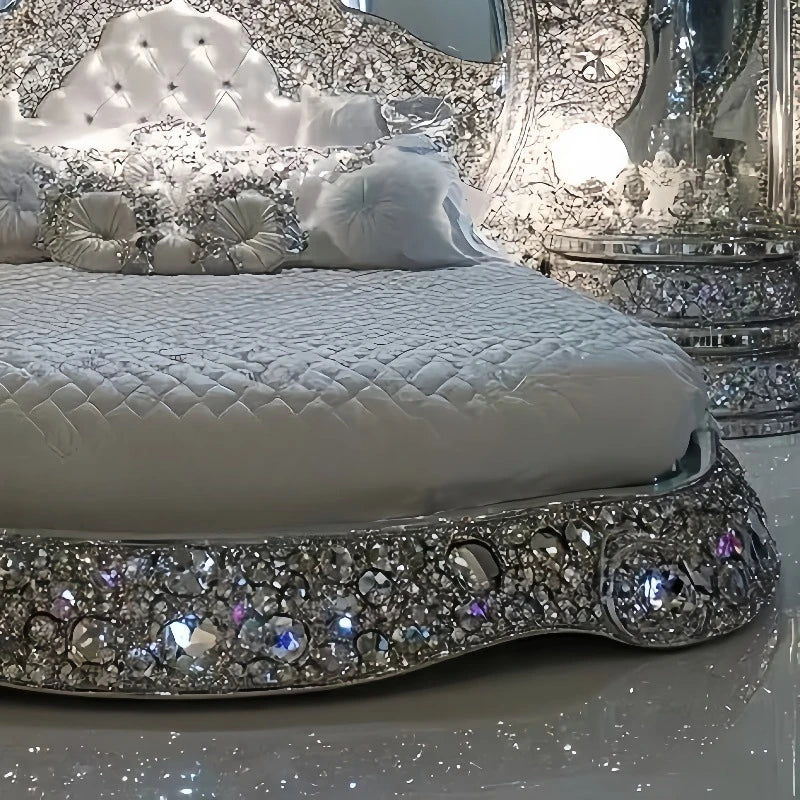 Luxurious bed with crystal embellishments in a opulent room.