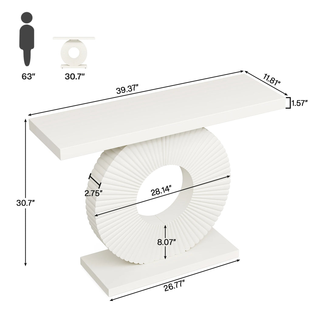 White console table with dimensions labeled on a white background