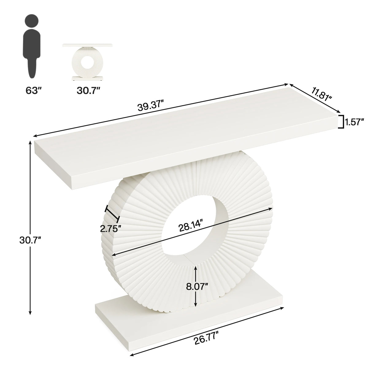 White console table with dimensions labeled on a white background