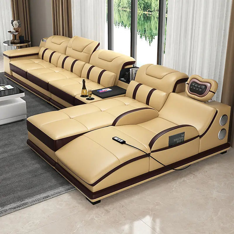 MANBAS Italian Genuine Leather Sectional Massage Sofa with Bluetooth, Speaker, Functional Headrest