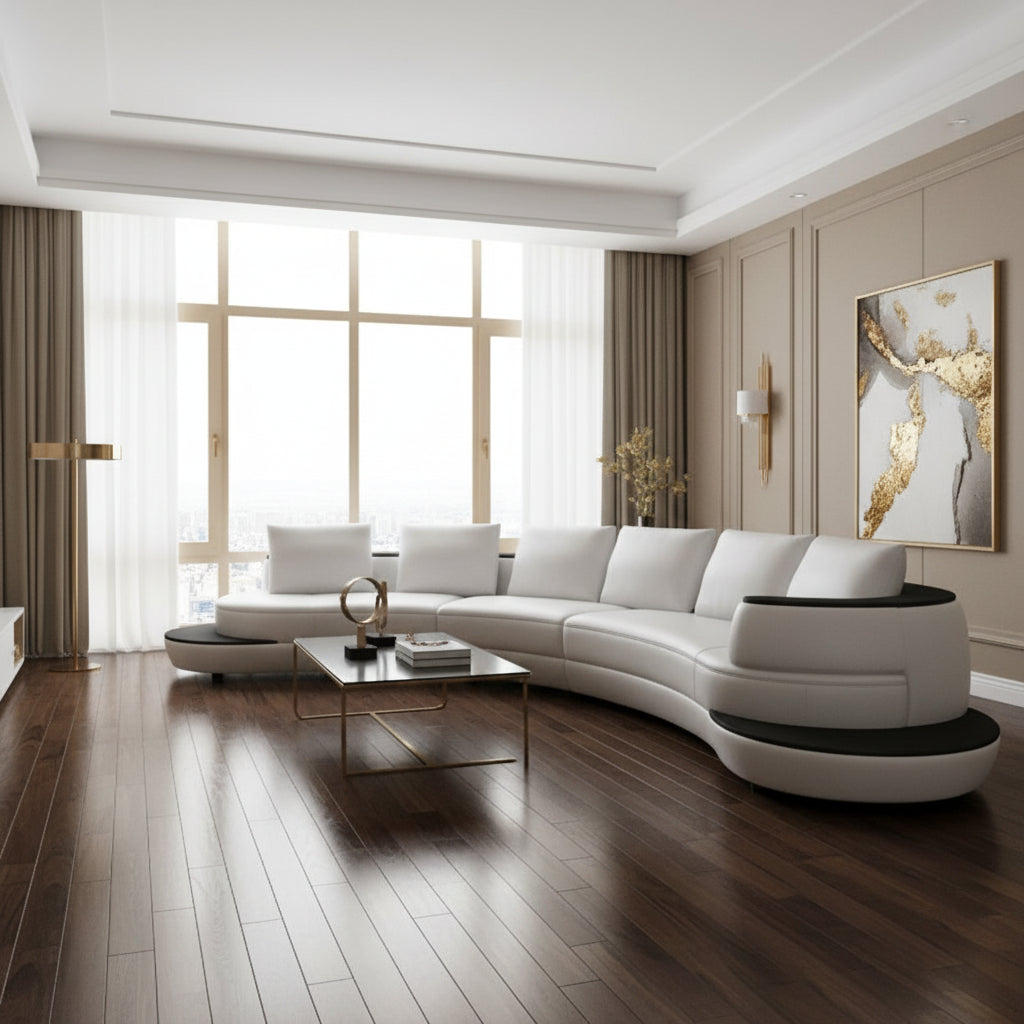 Modern white and black curved sofa with elegant room decor background natural light and room decor