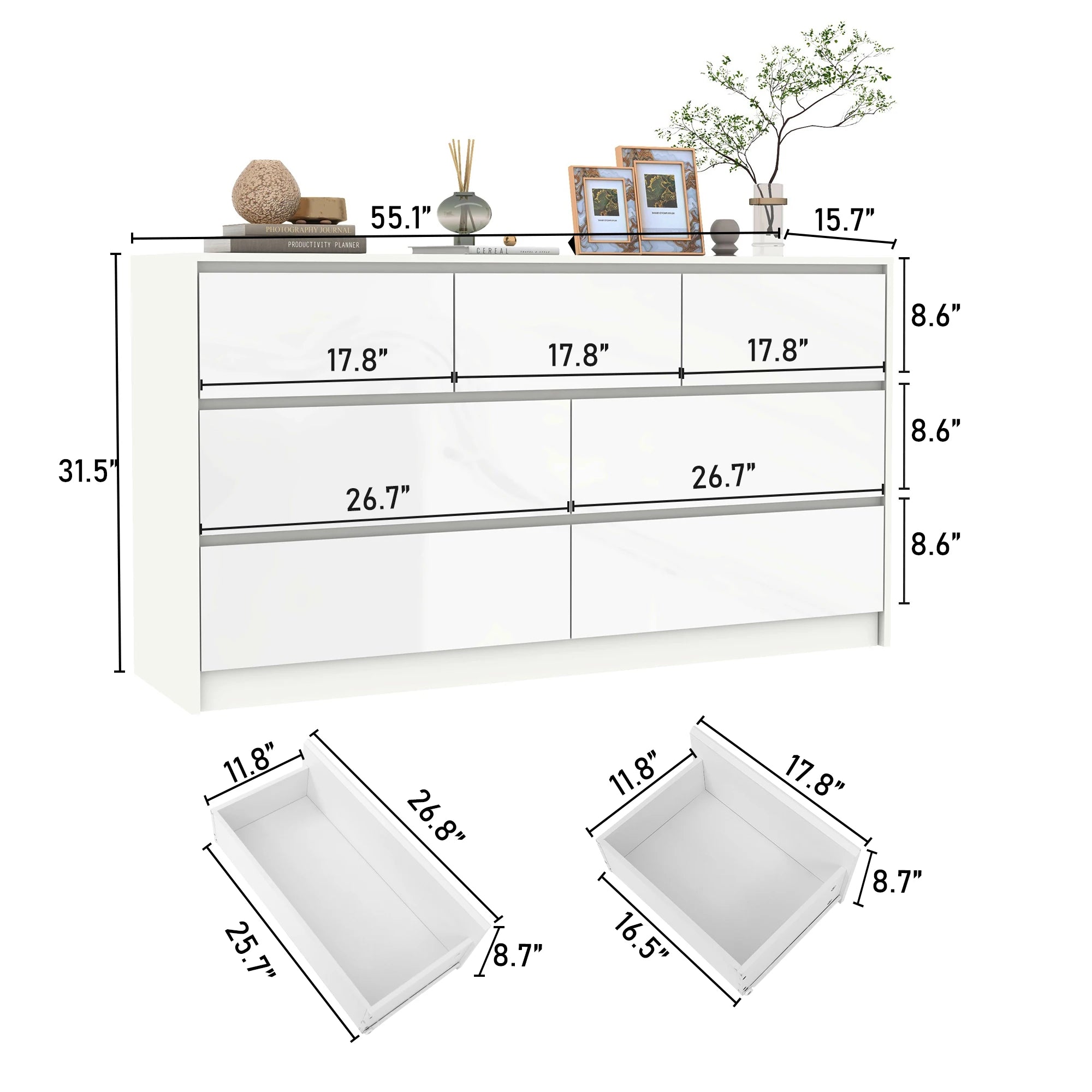 7 Drawer Dresser for Bedroom, 55 Inch Modern Design
