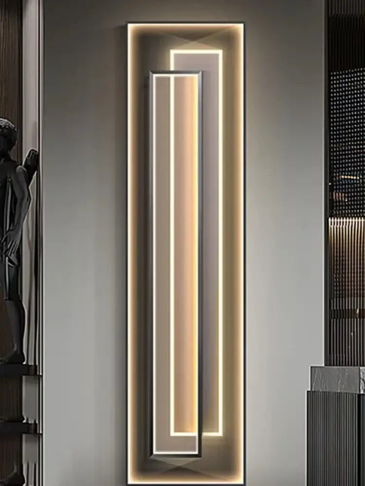 Modern LED Creative Mural Light | Vertical Art Deco Hanging Lamp illuminating a sleek vertical design on a wall.