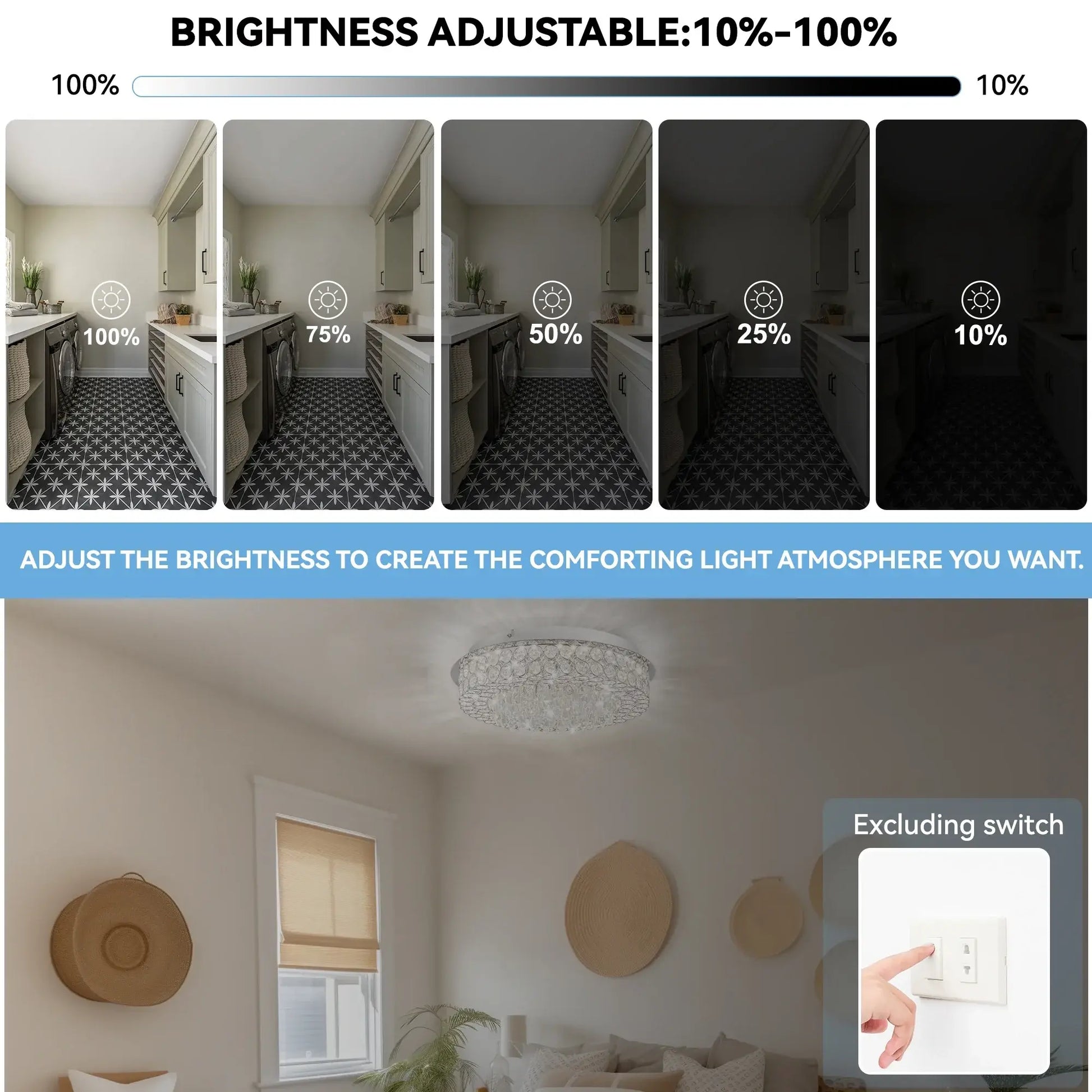 Lighting control demonstration with adjustable brightness levels in a room.
