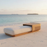 Solid Teak Wood Outdoor Sun Lounger Chaise on a serene beach with ocean view and soft cushions.