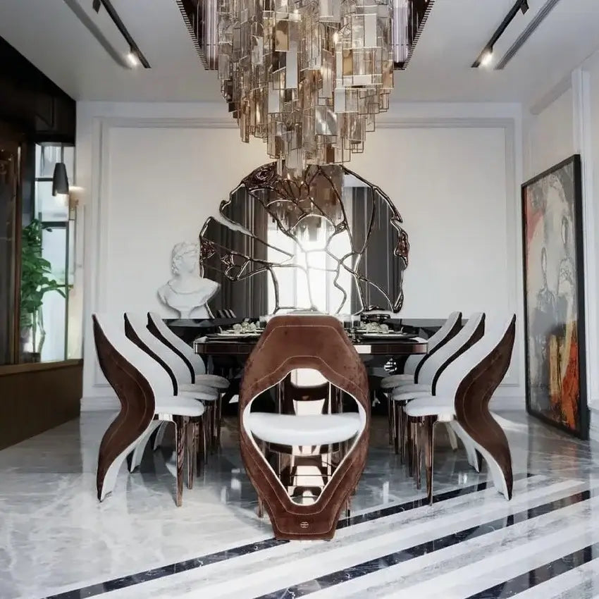 High End Modern Luxury Dining Table Marble Top Golden Stainless Steel Dinning Table Set for Kitchen Hotel Villa with stylish chairs and chandelier.