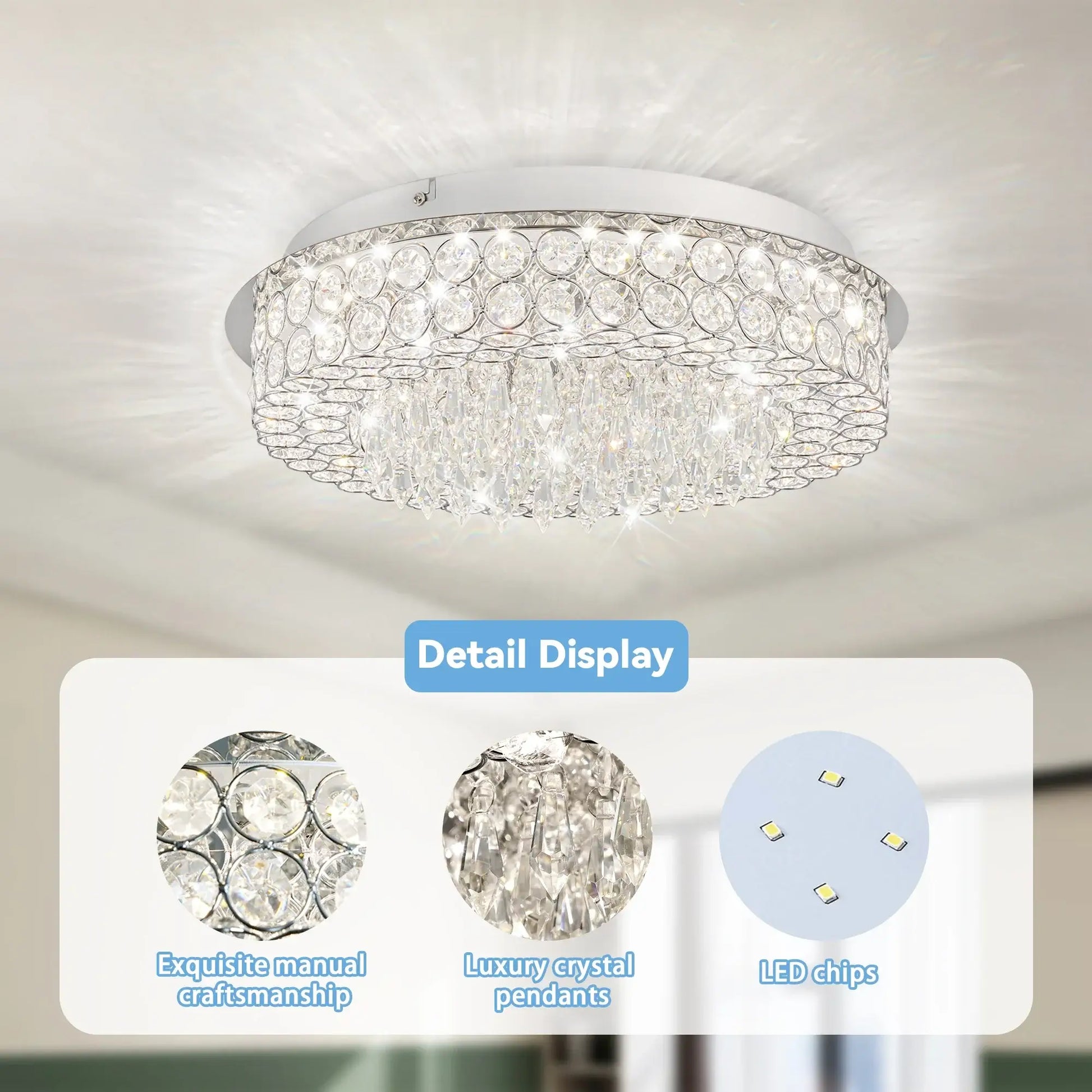 Crystal ceiling light fixture with close-up details on a neutral background