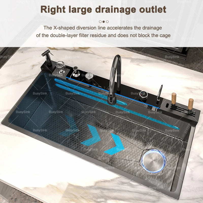 Stainless Steel Kitchen Sink with Waterfall. Digital Display Multifunctional