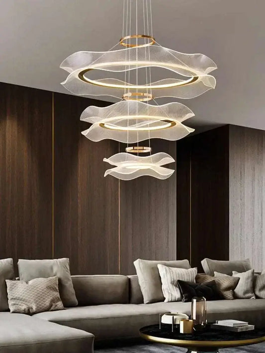 Stunning round modern led ceiling chandelier enhancing a stylish living room interior.