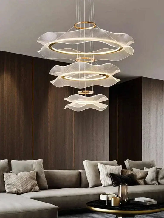 Stunning round modern led ceiling chandelier enhancing a stylish living room interior.