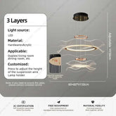 Round modern LED ceiling chandelier with 3 adjustable light layers and acrylic hardware for living and dining rooms