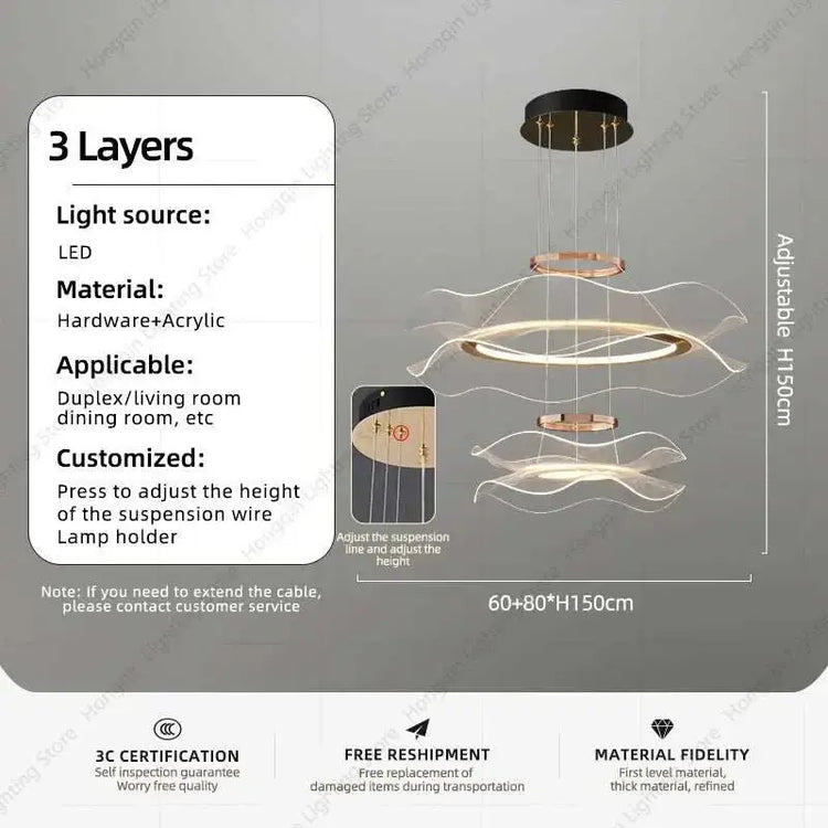 Round modern LED ceiling chandelier with 3 adjustable light layers and acrylic hardware for living and dining rooms