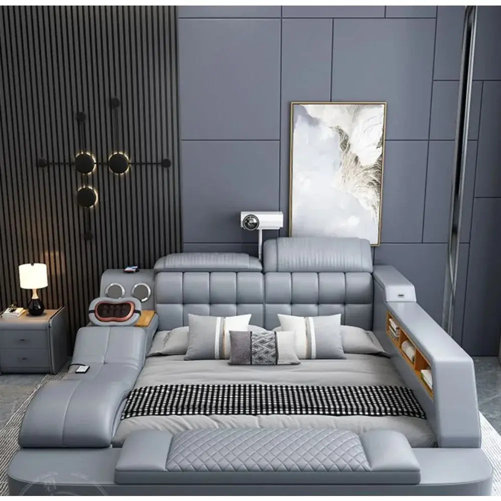 Smart leather bed with massage and storage in a modern bedroom featuring a sleek design and built-in projector.