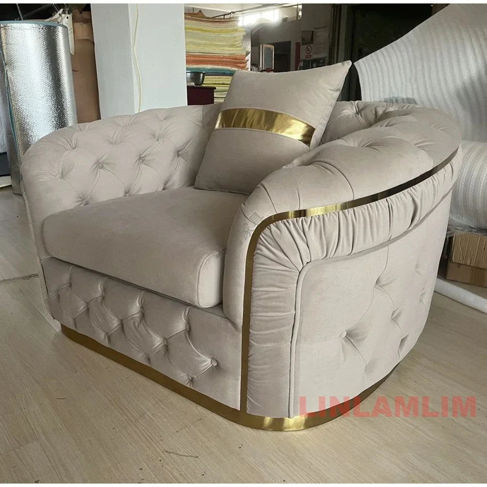 Luxury Chesterfield Sectional Sofa Set with Cloth Buttons and Fabric Modular Couch with Gold Stainless Steel Base, 3-seater Sofa