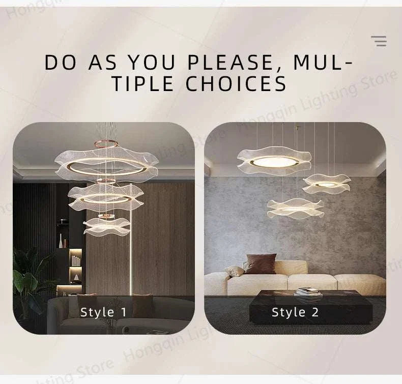 Round modern LED ceiling chandelier in two styles with sleek lines and soft lighting for living room ambiance