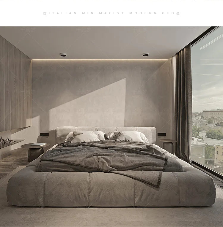 Italian upholstered bed frame in a modern bedroom setting, featuring soft fabric and a minimalist design.