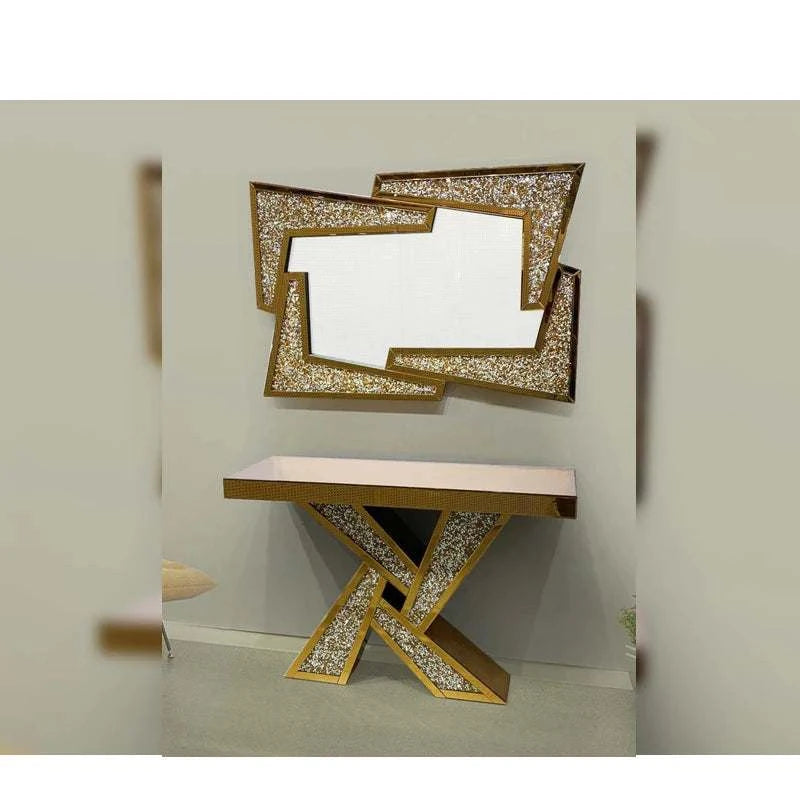 Decorative table with mirror featuring gold embellishments on a light gray background