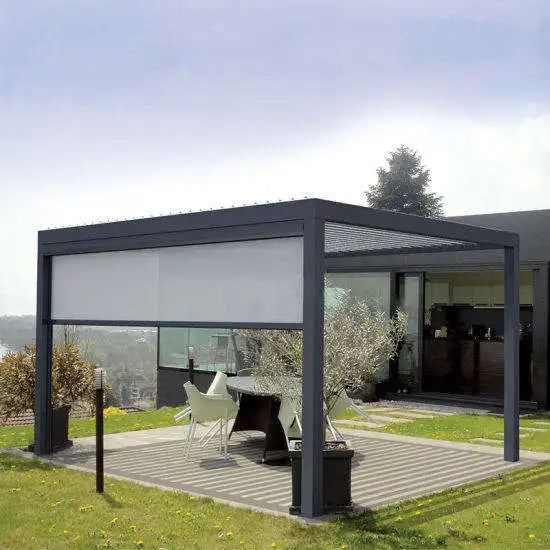 Modern outdoor pergola with glass walls on a grassy area