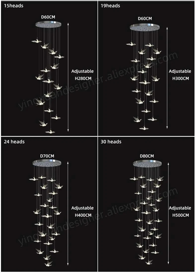 Comparison chart of different chandelier head counts with dimensions on a black background
