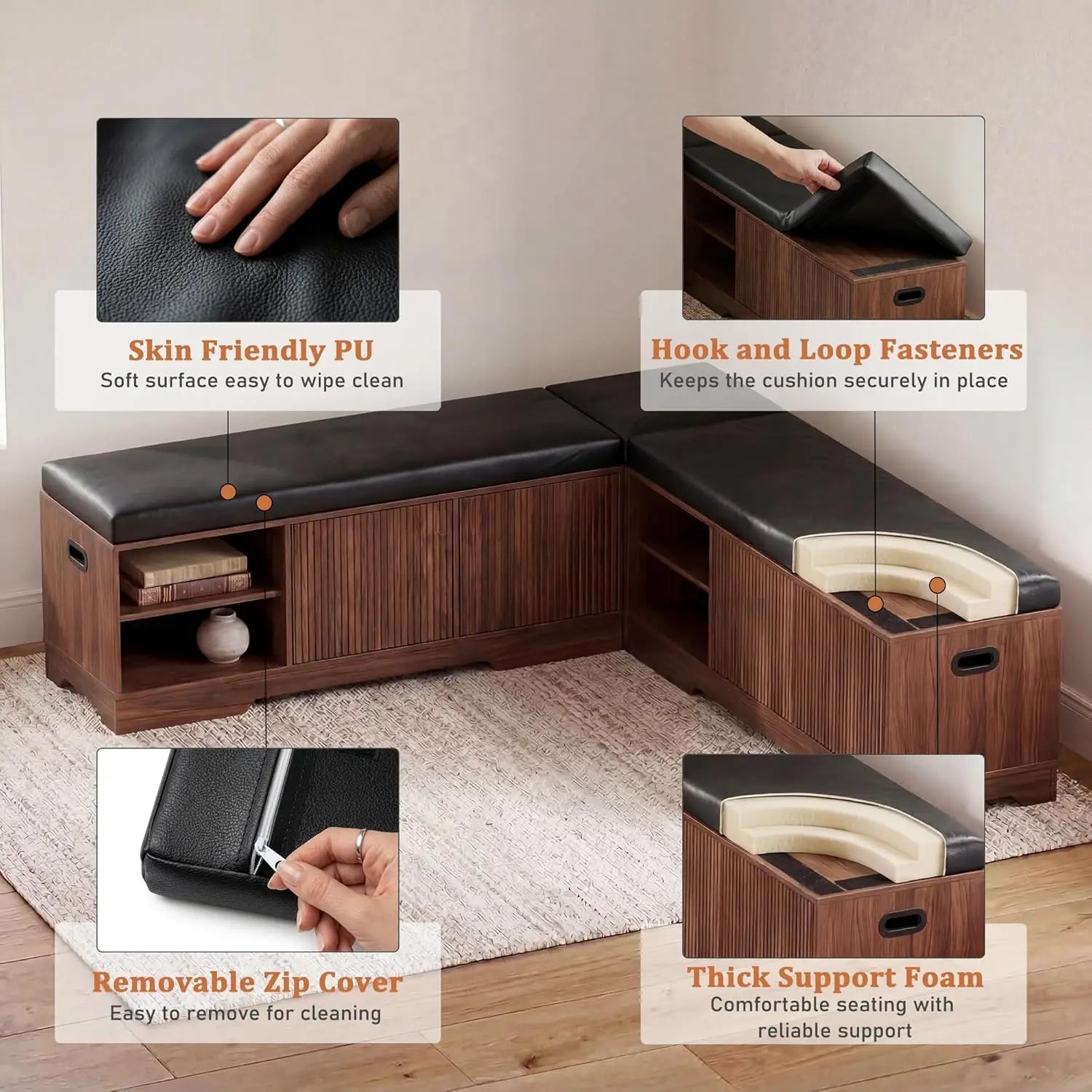 Sectional wooden bench with cushioned seating and storage compartments, featuring skin-friendly PU, hook and loop fasteners, removable zip cover, and thick support foam.