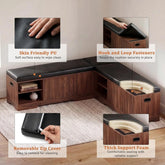 Sectional wooden bench with cushioned seating and storage compartments, featuring skin-friendly PU, hook and loop fasteners, removable zip cover, and thick support foam.