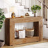 Wooden console table with decorative items in a home setting