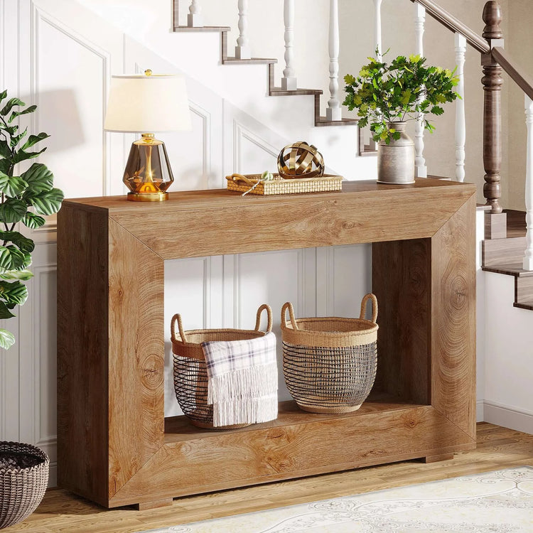 Wooden console table with decorative items in a home setting