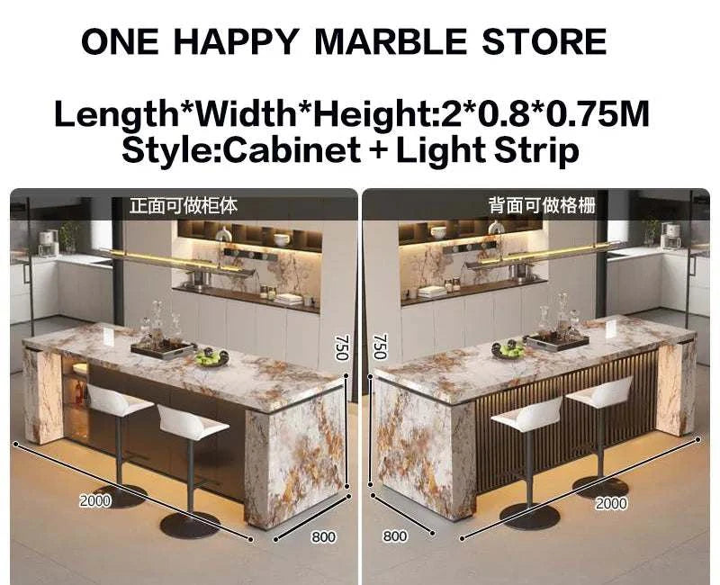 Marble countertop with cabinet and light strip design, showing dimensions and usage scenarios.