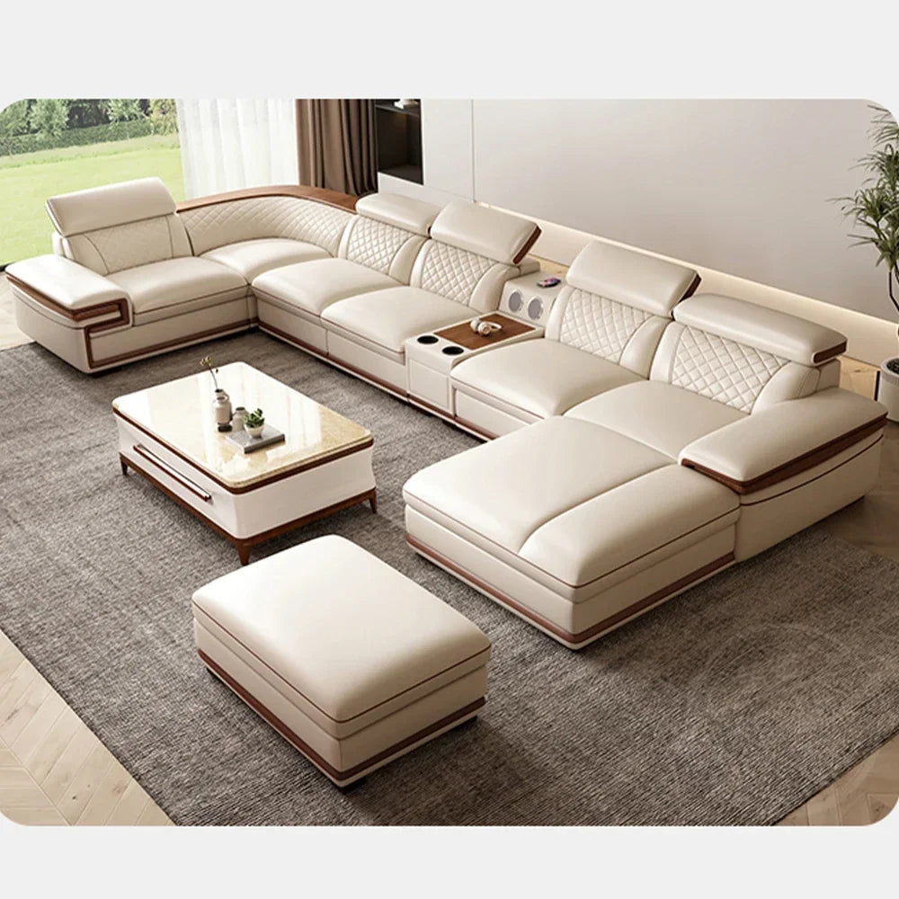 Premium Italian Genuine Leather Sofa Set, Adjustable Headrests, Bluetooth Speaker, Wireless Charger