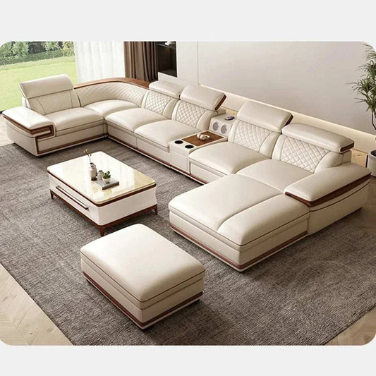 Premium Italian genuine leather sofa set with adjustable headrests, built-in Bluetooth speakers, and wireless charger in modern living room setting