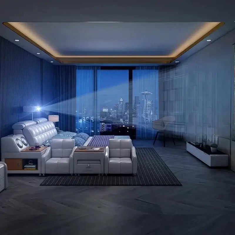 luxury smart leather king size bed in a modern bedroom with city view at night