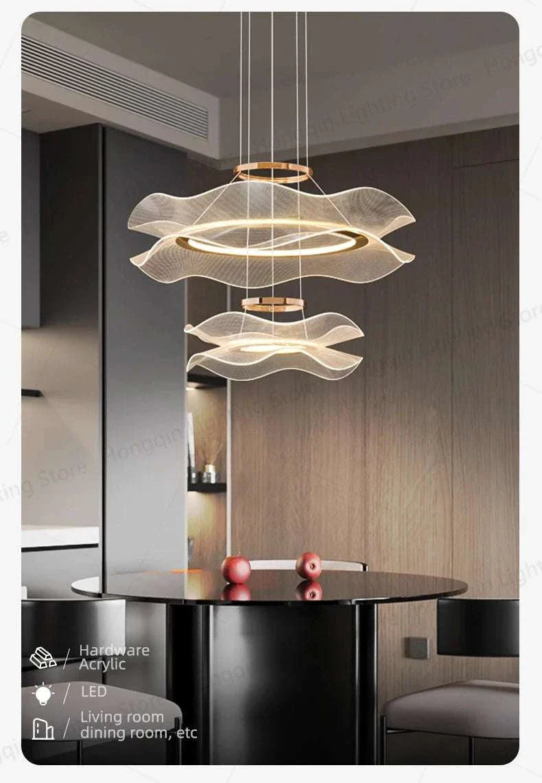 Round modern LED ceiling chandelier with minimalist wave design hanging over dining table