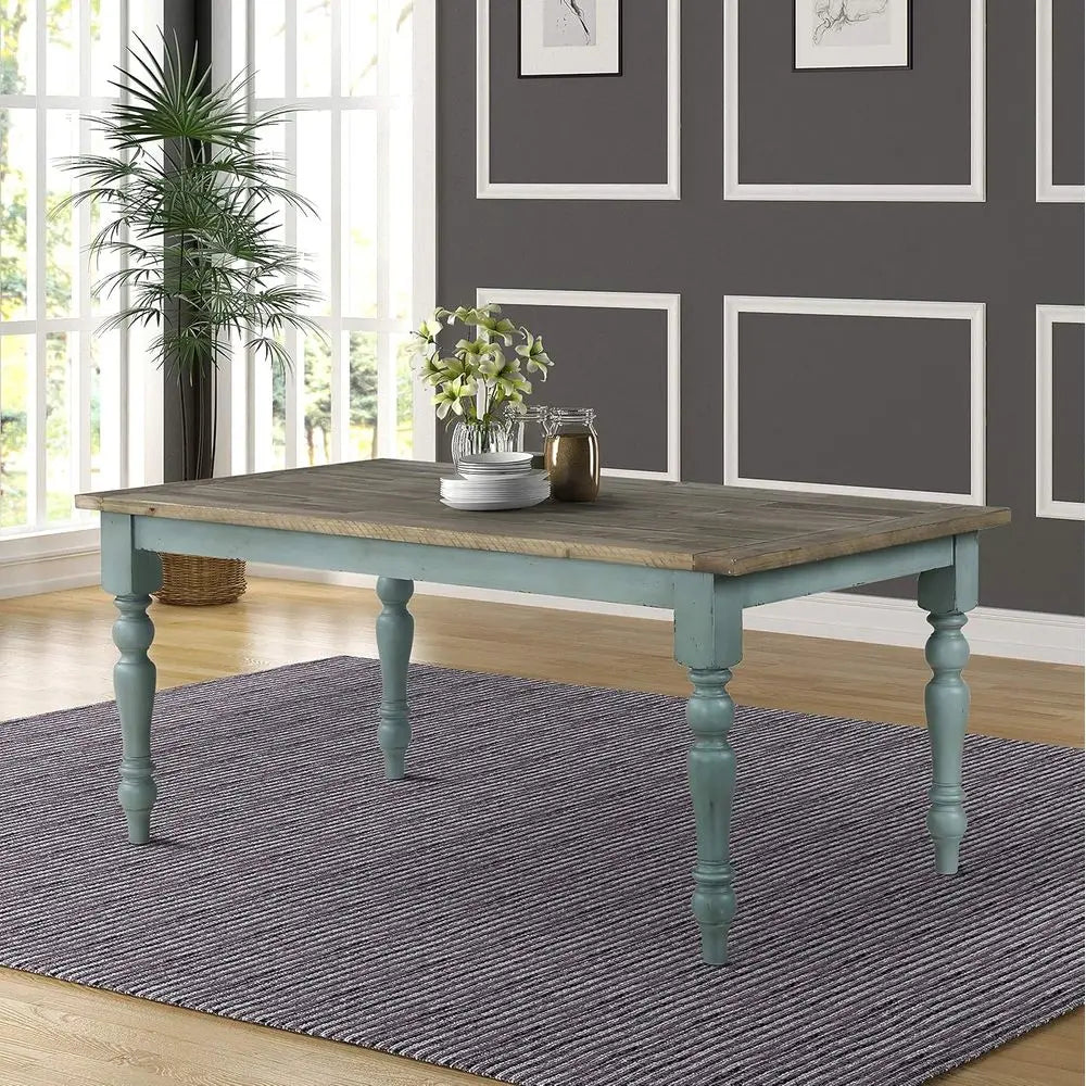 Farmhouse dining set antique blue table with distressed walnut top in a modern dining room setting.