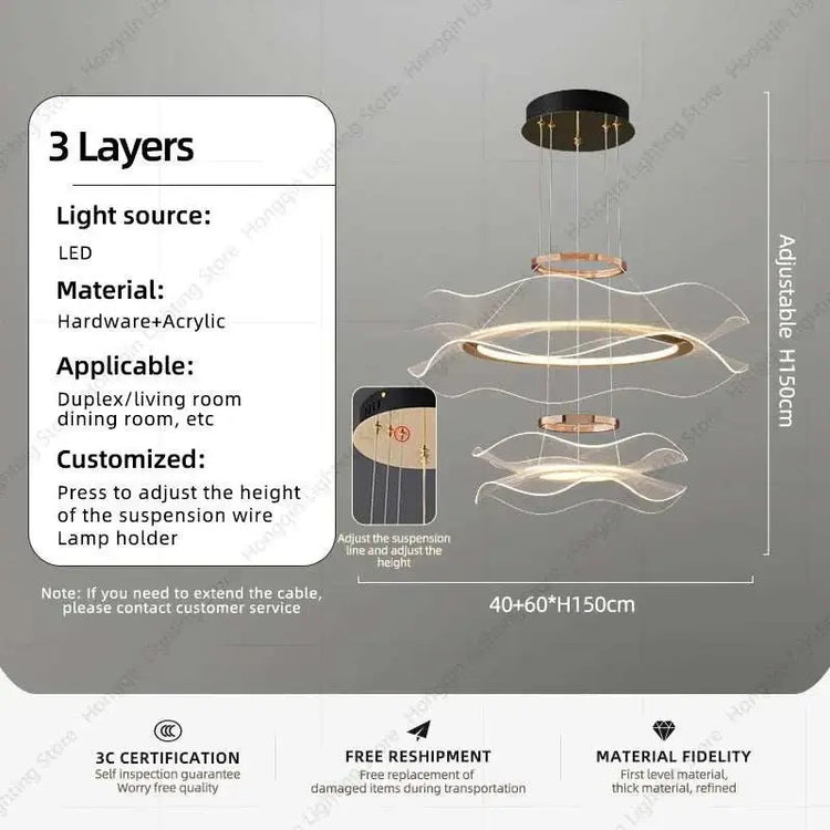 Round modern LED ceiling chandelier with adjustable three-layer acrylic and hardware design for living and dining rooms