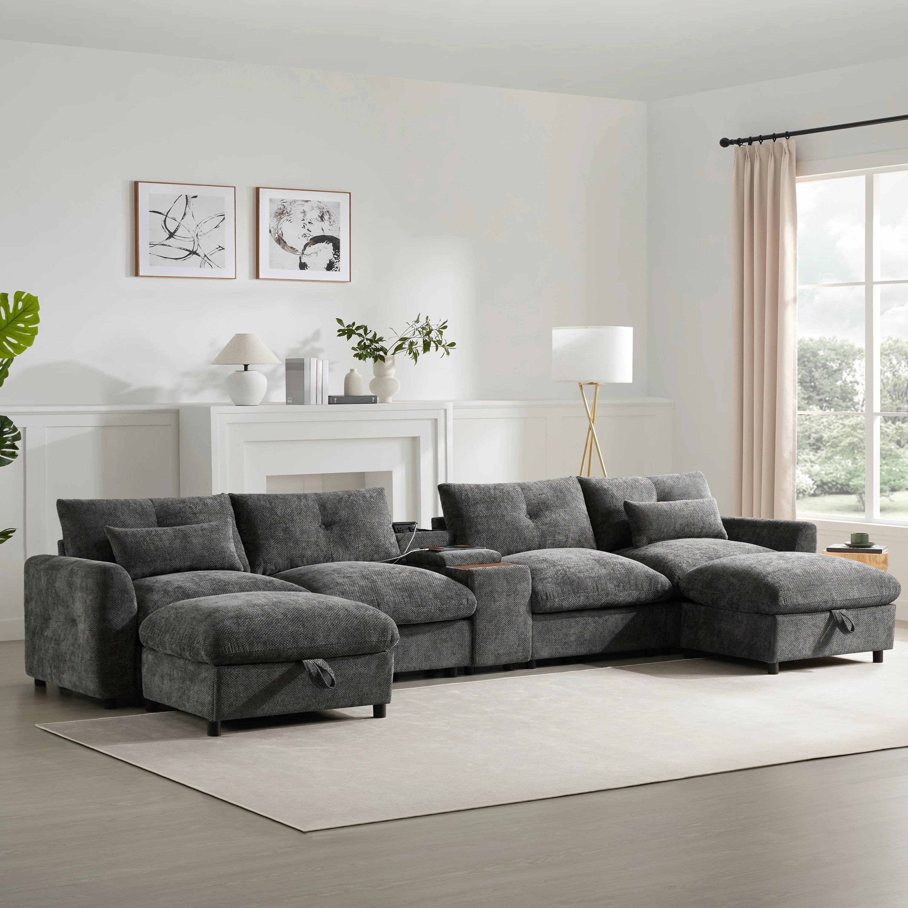 Modular Sectional Sofa with Movable Ottoman and Console,Cup Holder,Wide Seat,6 Seat U Shaped Couch,Oversized Chenille Sofa