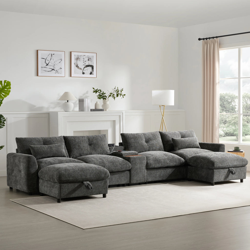 Modular Sectional Sofa with Movable Ottoman and Console,Cup Holder,Wide Seat,6 Seat U Shaped Couch,Oversized Chenille Sofa